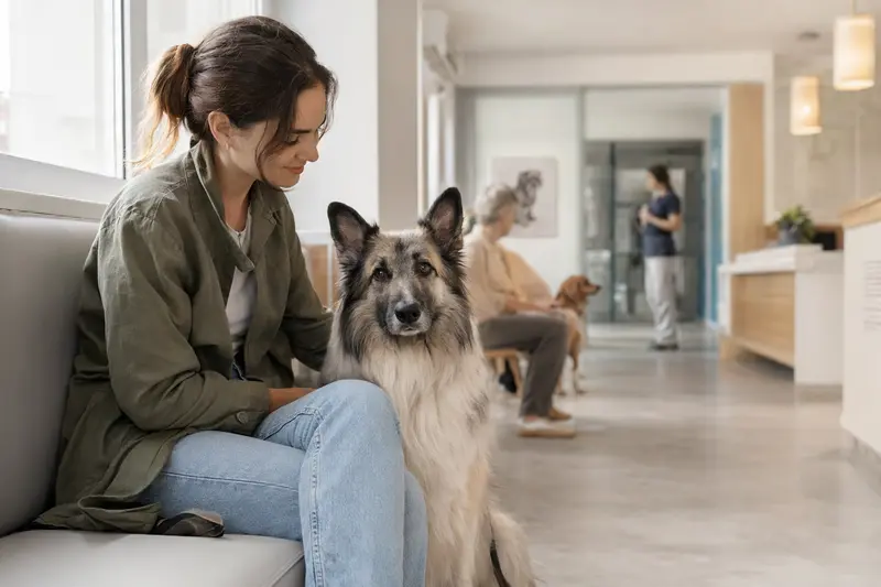 Ein Pyrenäen-Schäferhund sitzt ruhig neben seinem Besitzer im hellen Wartezimmer einer modernen Tierarztpraxis.